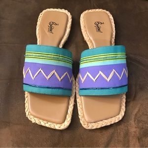 Bijou sandal shoes new no tags, blue, green beach wear slides braided trim sz 8